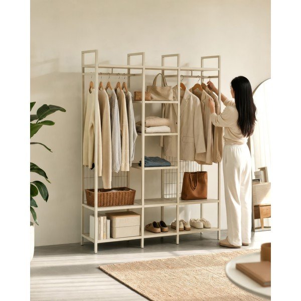Armadio color crema in acciaio a giorno 140x179,5x40 cm Amara – Marckeric-image-1