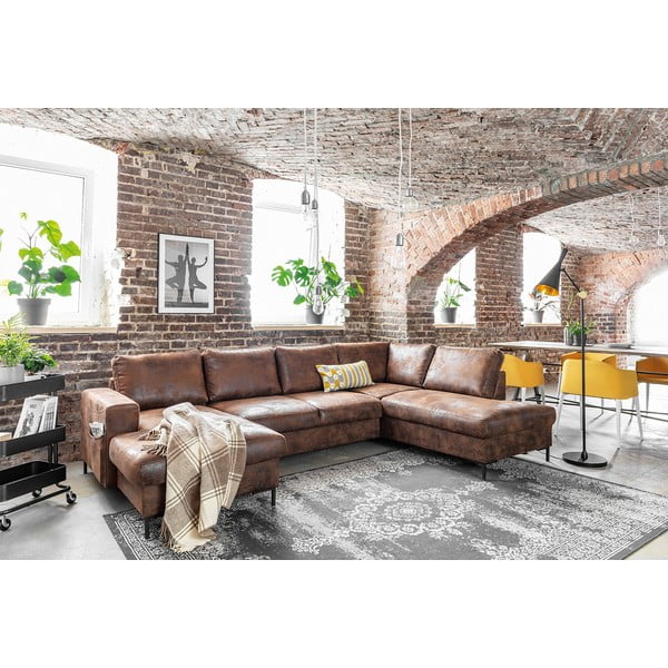 Divano letto a U marrone in similpelle Vintage, angolo destro Lofty Lilly - Miuform-image-4