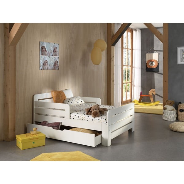 Letto da bambini regolabile bianco in pino massiccio con contenitore, materasso e rete inclusi Jumper - Vipack-image-4