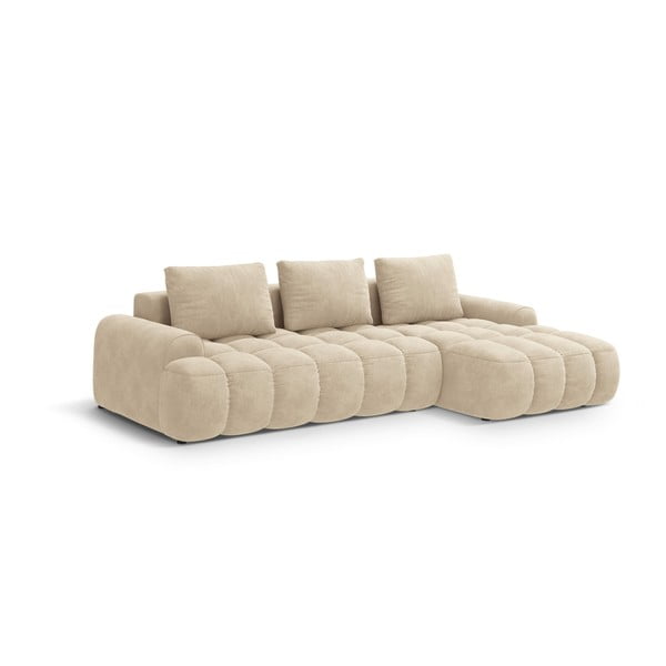 Divano angolare beige allungabile/con contenitore (con penisola a destra/con chaise lounge) con rivestimento in velluto Linz – Cosmopolitan Design-image-2