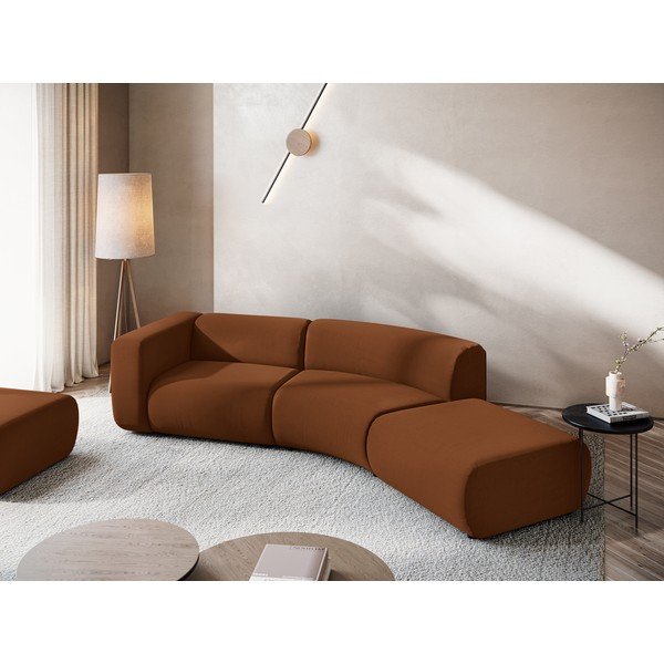 Chaise longue arancione/marrone (con penisola a destra) con rivestimento in velluto Ekahi – Makamii-image-1