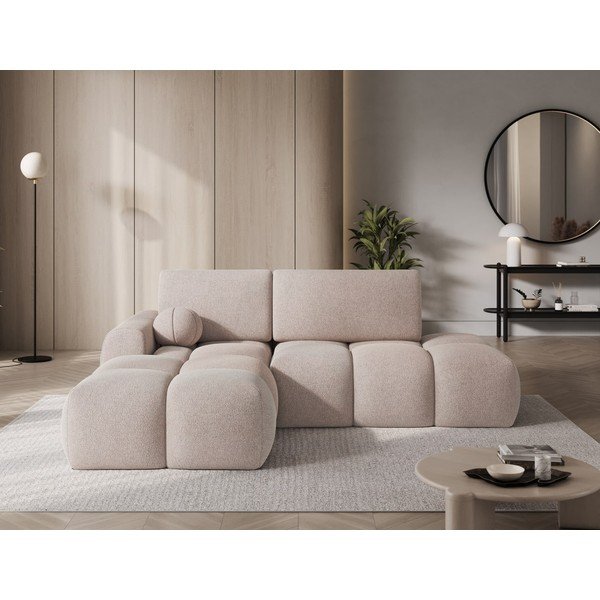 Divano angolare marrone chiaro allungabile/con contenitore (con penisola a sinistra/con chaise lounge) con rivestimento in bouclé Vittario – ELTAP-image-1