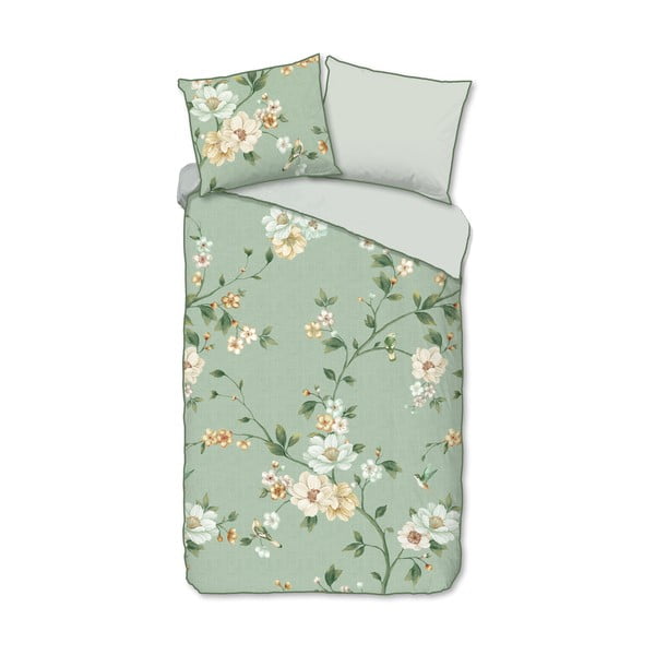 Set copripiumino e federa verde in raso di cotone per letto singolo ed esteso 140x220 cm Sizena – Descanso