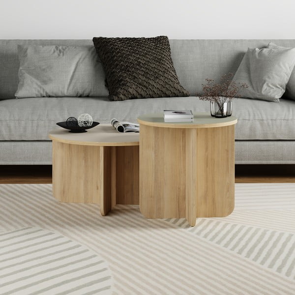 Set di tavolini da salotto rotondi crema/di colore naturale con effetto rovere 2 pz ø 70 cm Hillary – Marckeric-image-1