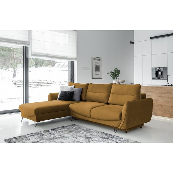 Divano angolare giallo allungabile/con contenitore (con penisola a sinistra/con chaise lounge) e rivestimento in velluto Silva – ELTAP-image-1