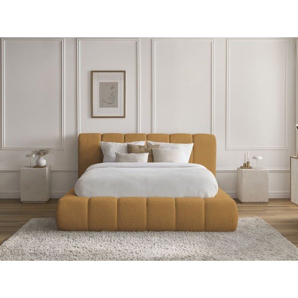 Letto matrimoniale imbottito color senape contenitore e rete inclusi 160x200 cm Denali - Bobochic Paris-image-1