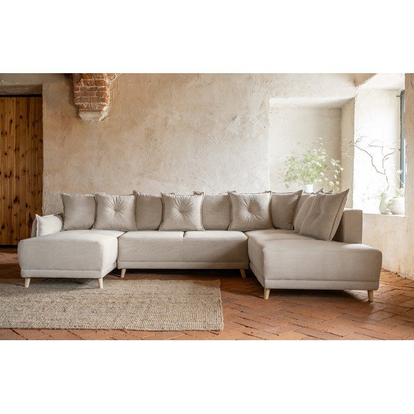 Divano letto angolare in velluto a coste beige (angolo destro a forma di U) Lazy Lukka - Miuform-image-1