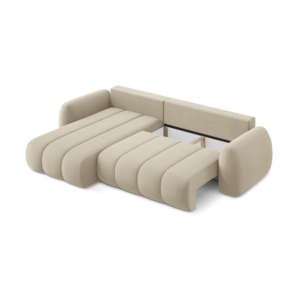 Divano angolare marrone chiaro allungabile/con contenitore (con penisola a sinistra/con chaise lounge) con rivestimento in bouclé Pele – Makamii-image-3
