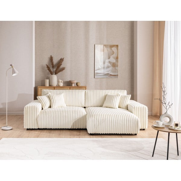 Divano angolare con penisola a destra color crema e rivestimento in velluto a coste allungabile e con contenitore Sarina – Ropez-image-1