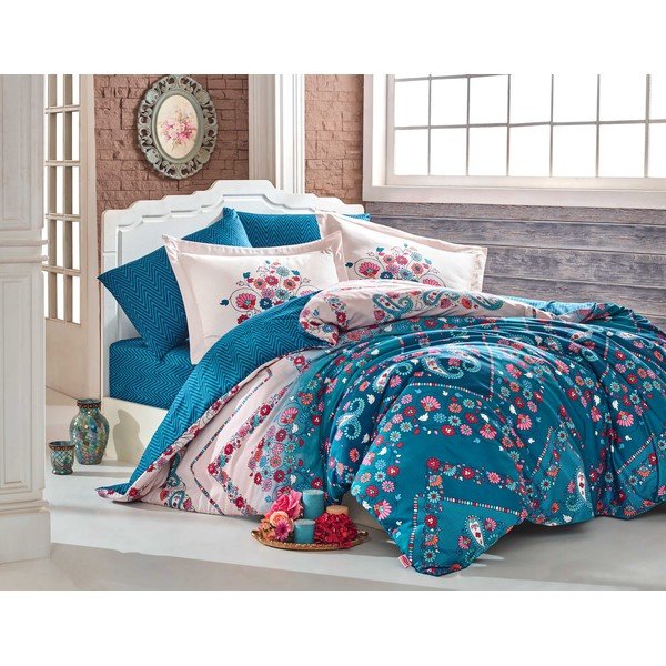 Biancheria da letto in cotone sateen blu con lenzuolo per letto matrimonialeSancha, 200 x 220 cm - Mijolnir