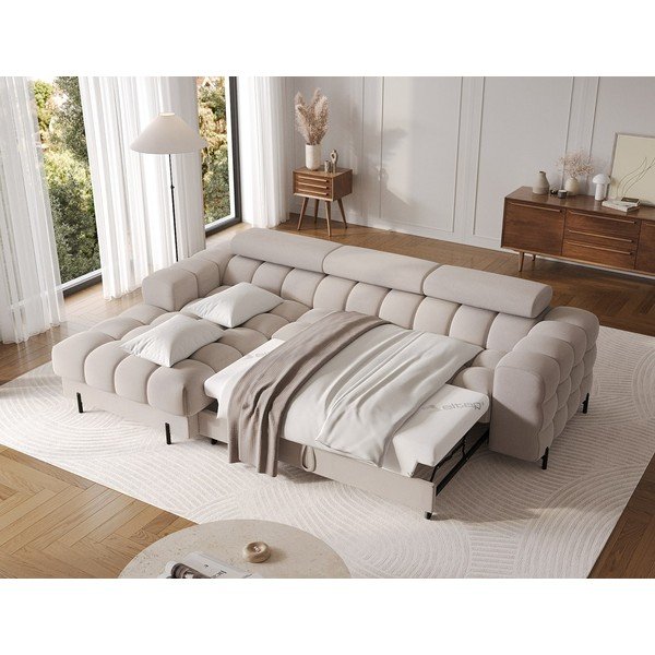 Divano angolare beige allungabile/con contenitore (con penisola a sinistra/con chaise lounge) e rivestimento in velluto Felro – ELTAP-image-4