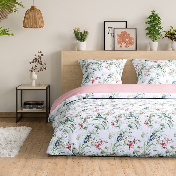 Biancheria da letto bianca/rosa in cotone per letto matrimoniale 200x200 cm Averi Kingfihser – Restilo-image-1