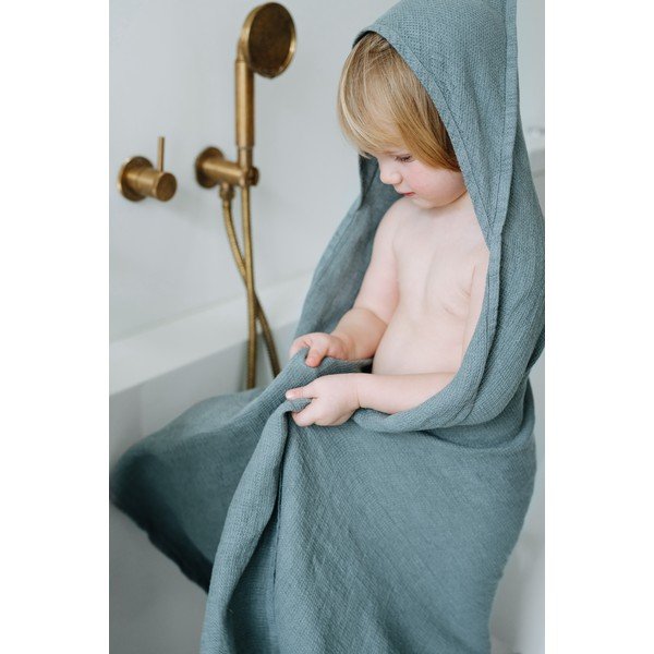 Asciugamano per bambini in lino blu con cappuccio 100x100 cm Blue Fog - Linen Tales-image-3