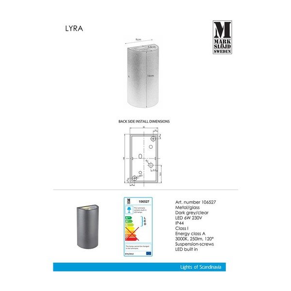 Lampada da parete grigio scuro Lyra - Markslöjd-image-1