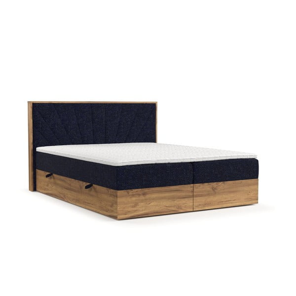 Letto boxspring con contenitore in blu scuro-naturale 200x200 cm Asahi - Maison de Rêve