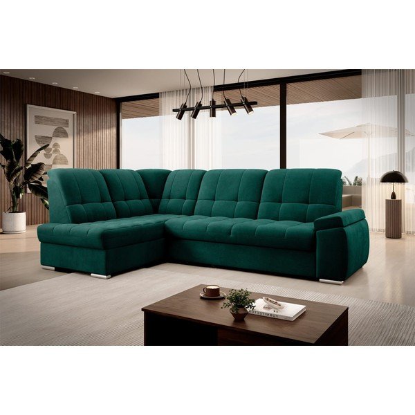 Divano angolare verde allungabile/con contenitore (con penisola a sinistra/a L) e rivestimento in velluto Sado – ELTAP-image-4