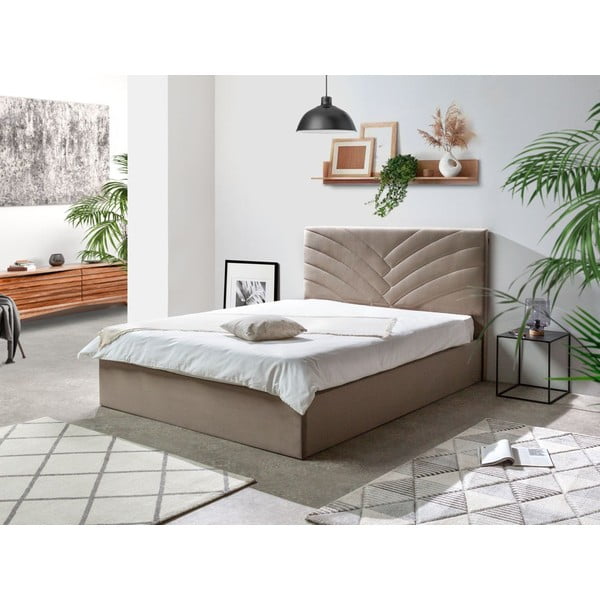 Letto matrimoniale imbottito beige con contenitore con griglia 160x200 cm Palmyre - Bobochic Paris-image-1