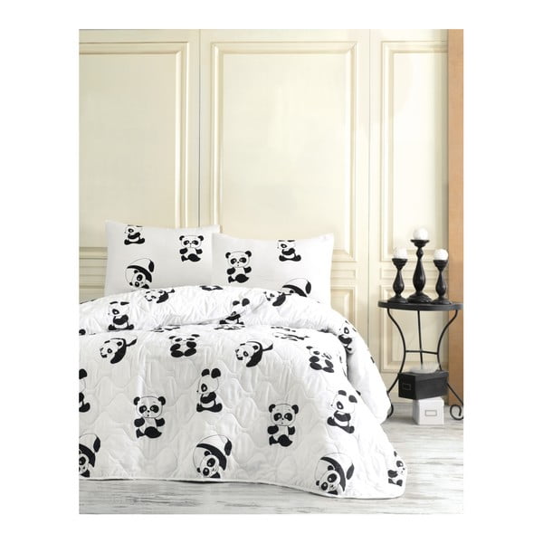 Set con copriletto e federa bianco/nero per letto matrimoniale con rivestimento trapuntato 200x220 cm Panda – Mijolnir