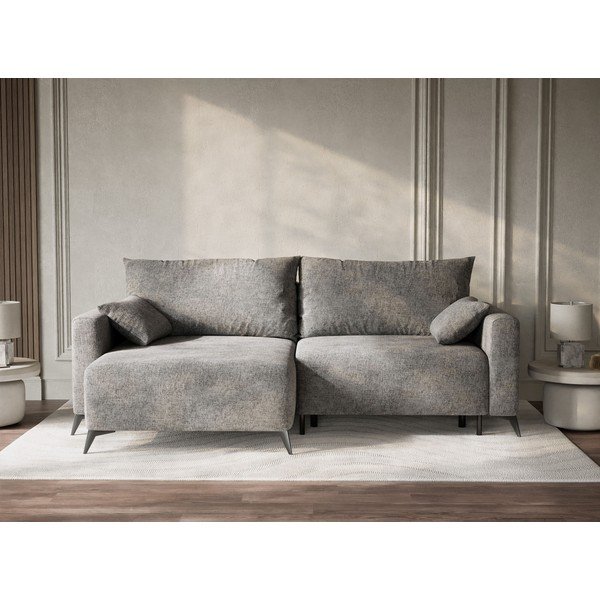 Divano angolare grigio allungabile/con contenitore (con penisola a sinistra/con chaise lounge) con rivestimento in ciniglia Leon – Maison de Rêve-image-1