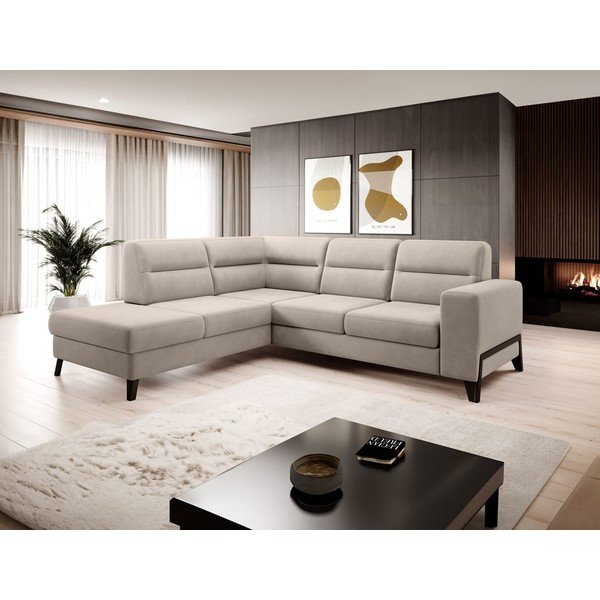 Divano angolare beige allungabile/con contenitore (con penisola a sinistra/a L) e rivestimento in velluto Cassara – ELTAP-image-1