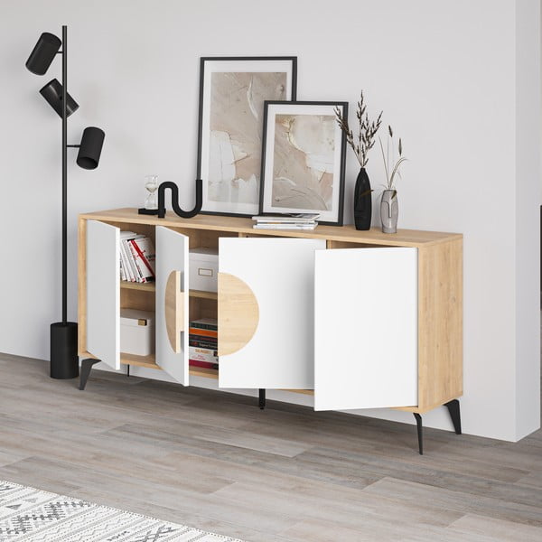 Cassettiera bassa in rovere decorata in bianco e naturale 180x82 cm Vae - Marckeric-image-2