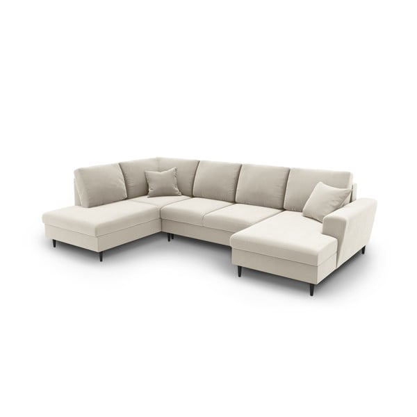 Divano angolare beige allungabile e con contenitore (con penisola a sinistra/a U) con rivestimento in velluto Kyoto – Cosmopolitan Design-image-1