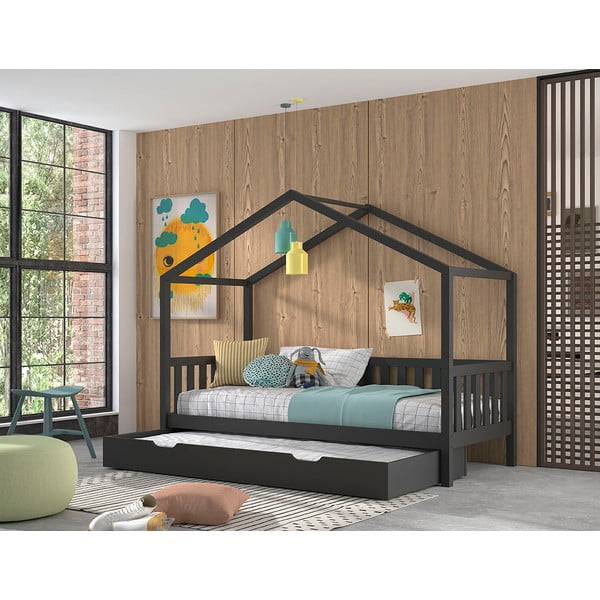 Letto per bambini in legno di pino antracite con letto estraibile e contenitore 90x200 cm DALLAS - Vipack-image-2