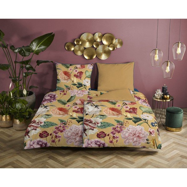 Lenzuolo singolo in cotone biologico giallo Flowery, 140 x 200 cm Organic - Descanso-image-1