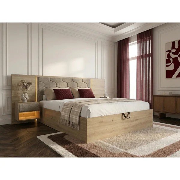 Letto matrimoniale imbottito/in truciolato grigio tortora con contenitore con rete inclusa 160x200 cm Palmeraie – Bobochic Paris-image-2