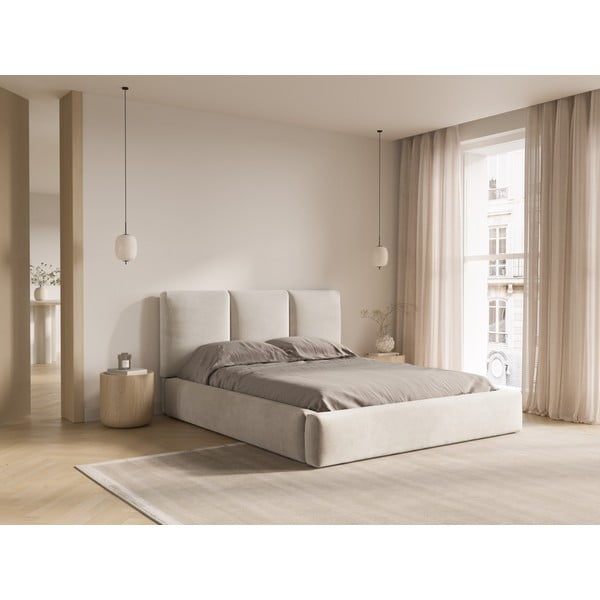 Letto matrimoniale imbottito color crema in velluto con contenitore con rete inclusa 200x200 cm Brody – Mazzini Beds-image-1