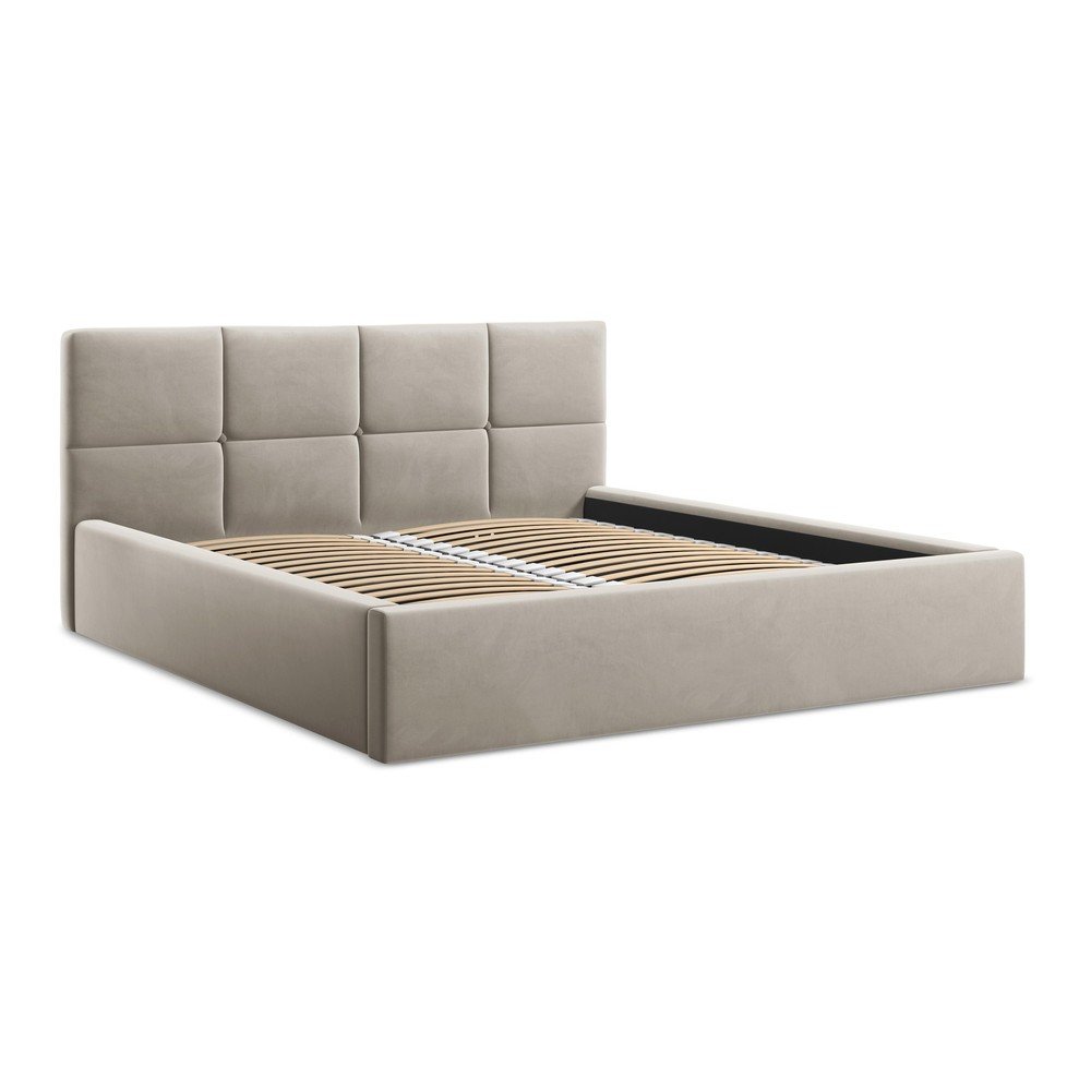 Letto matrimoniale imbottito grigio tortora in velluto con contenitore con rete inclusa 140x200 cm Hiko – Makamii | Letti matrimoniali