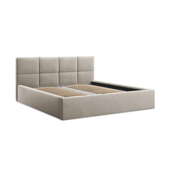 Letto matrimoniale imbottito grigio tortora in velluto con contenitore con rete inclusa 140x200 cm Hiko – Makamii
