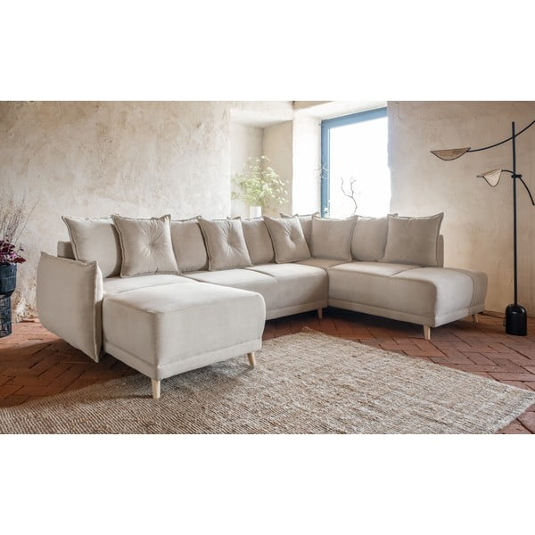 Divano letto angolare in velluto a coste beige (angolo destro a forma di U) Lazy Lukka - Miuform-image-3