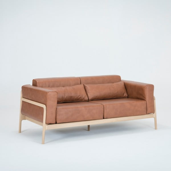 Divano in pelle di bufalo marrone cognac con struttura in rovere massiccio , 180 cm Fawn - Gazzda-image-2