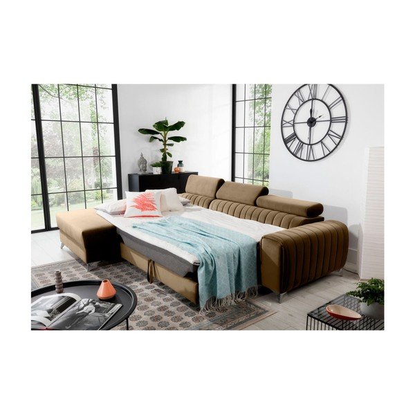 Divano angolare marrone chiaro allungabile/con contenitore (con penisola a sinistra/con chaise lounge) e rivestimento in velluto Grayson – ELTAP-image-4