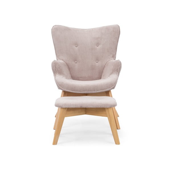 Poltrona con poggiapiedi rosa chiaro con rivestimento in velluto a coste Niko – Ropez-image-3