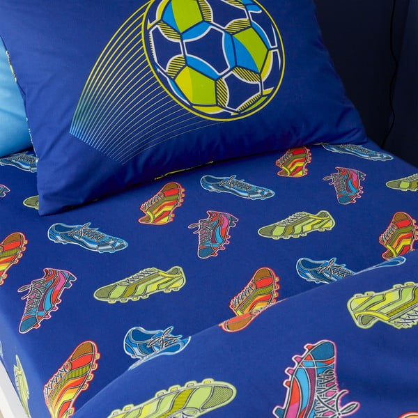 Lenzuolo con angoli per bambini blu per letto matrimoniale 135x190 cm Bright Football – Catherine Lansfield-image-1