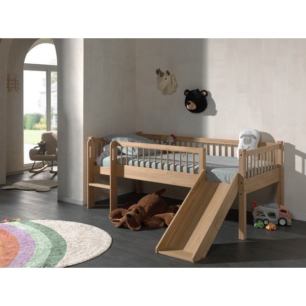 Letto da bambini rialzato di colore naturale in faggio massiccio con scivolo con rete inclusa 90x200 cm Forrest – Vipack-image-3