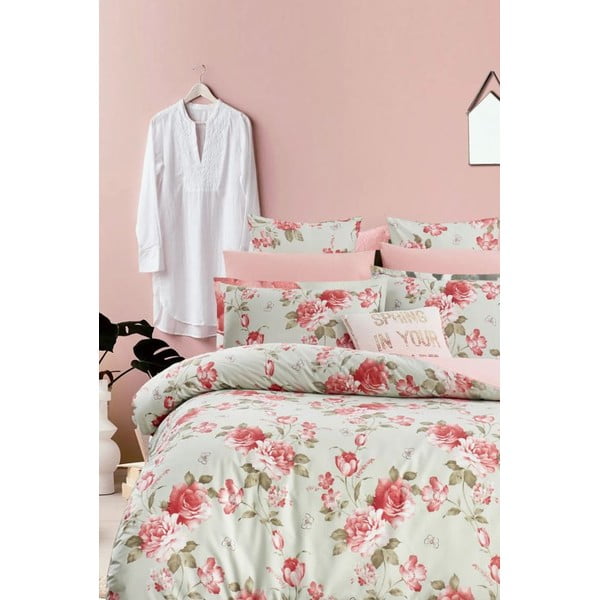 Biancheria da letto verde/rosa in cotone renforcé per letto matrimoniale/per letto esteso con lenzuolo incluso/4 pezzi 200x220 cm – Mila Home