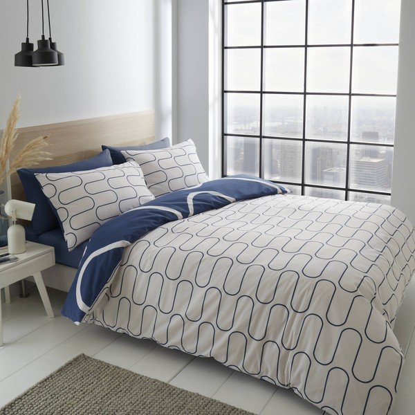 Biancheria da letto bianca e blu 200x135 cm Linear Curve - Catherine Lansfield-image-2