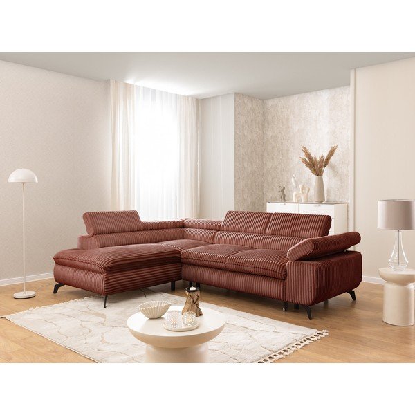 Divano angolare color terracotta (con penisola a sinistra/a L) con rivestimento in velluto a coste Marbeya  – Ropez-image-1