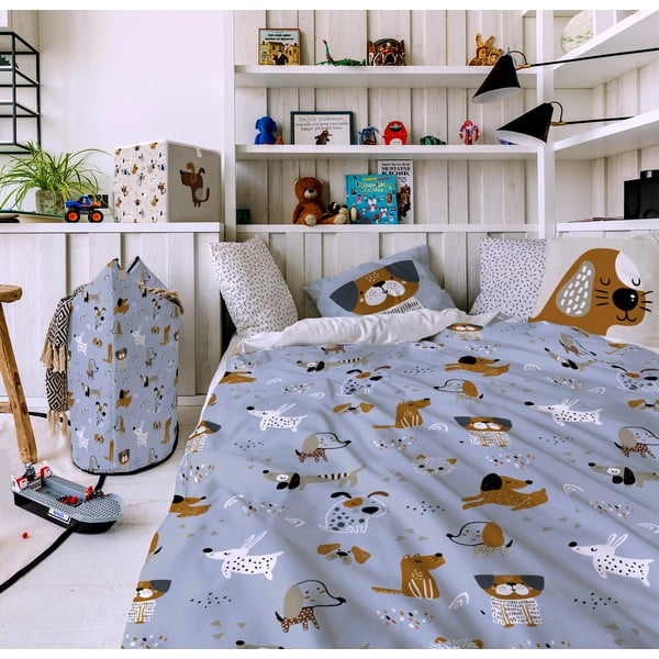 Biancheria da letto per bambini in cotone sateen blu, 100 x 130 cm Woof Woof - Butter Kings-image-1