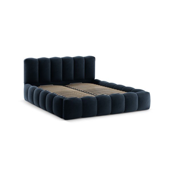 Letto matrimoniale imbottito blu scuro con contenitore con rete inclusa 200x200 cm Lupine – Micadoni -image-3
