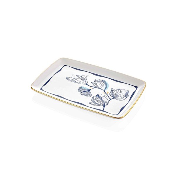 Piatto da portata in porcellana bianca con fiori blu Bleu, 34 x 25 cm - Mia