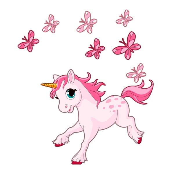 Adesivi murali per bambini Unicorno rosa e papillons - Ambiance