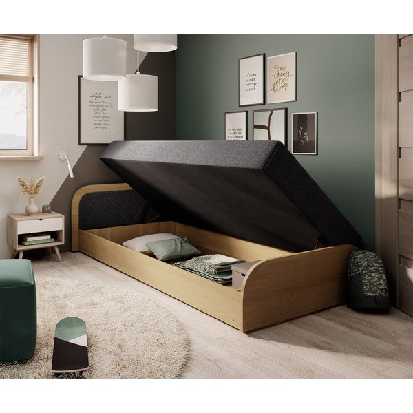 Letto singolo imbottito/in truciolato giallo ocra/grigio scuro con contenitore e materasso inclusi 80x190 cm Parys – ELTAP-image-2