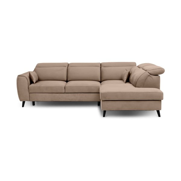 Divano angolare marrone chiaro allungabile/con contenitore (con penisola a destra/a L) e rivestimento in velluto Noble – ELTAP