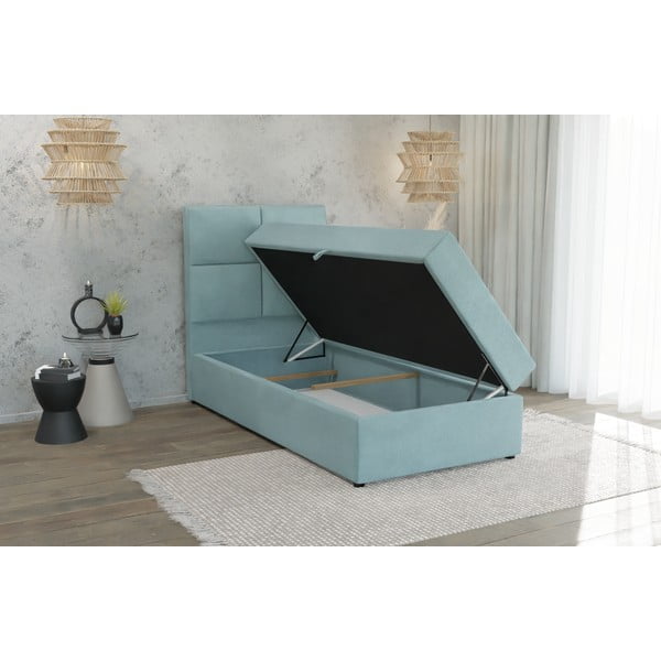 Letto singolo imbottito con contenitore azzurro con materasso e topper inclusi 100x200 cm Lena – Ropez-image-3