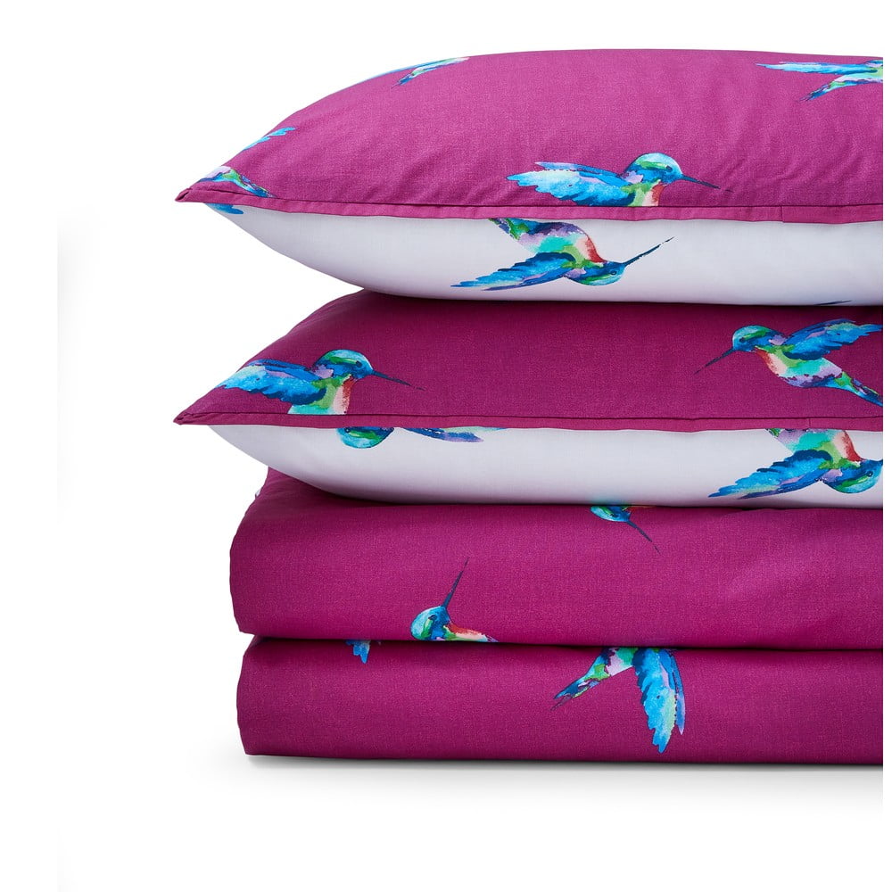 Set copripiumino e federa bianco e viola in cotone per letto matrimoniale 200x200 cm Hummingbird – Their Nibs | Biancheria da letto