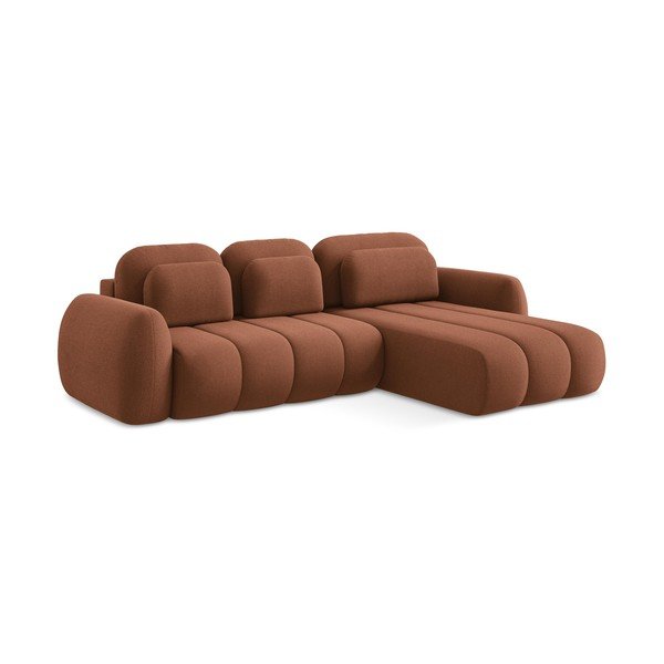Divano angolare color terracotta allungabile/con contenitore (con penisola a destra/con chaise lounge) con rivestimento in bouclé Pele – Makamii-image-1